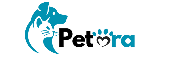 Logo of Petora with a blue dog and cat silhouette on a white background
